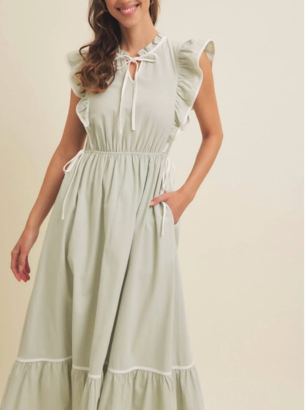 Midi Ruffle Tie-Neck Dress in Light Mint, size Medium, NWT